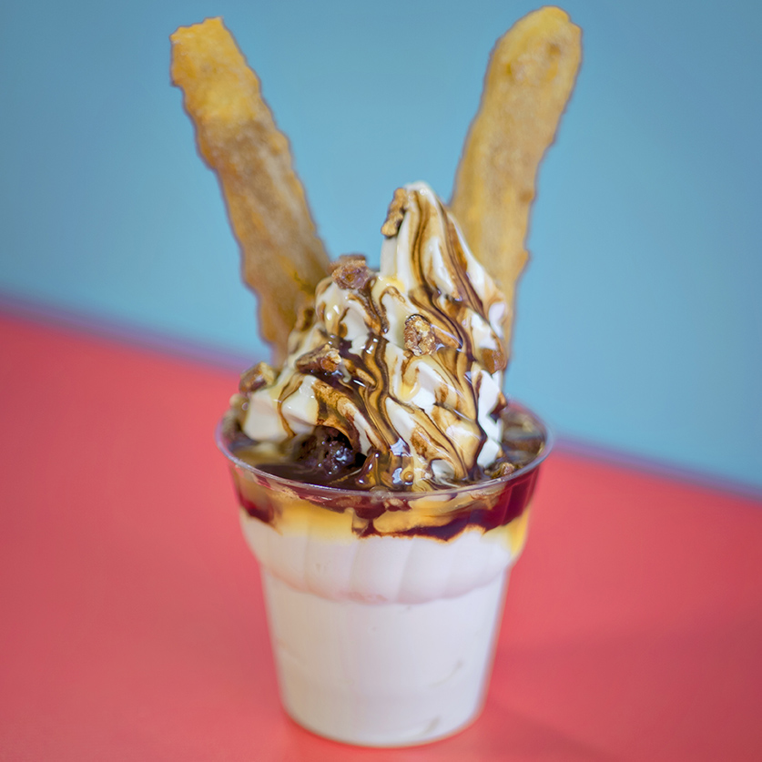 Churro ice cream sundae with vegan hot fudge and caramel